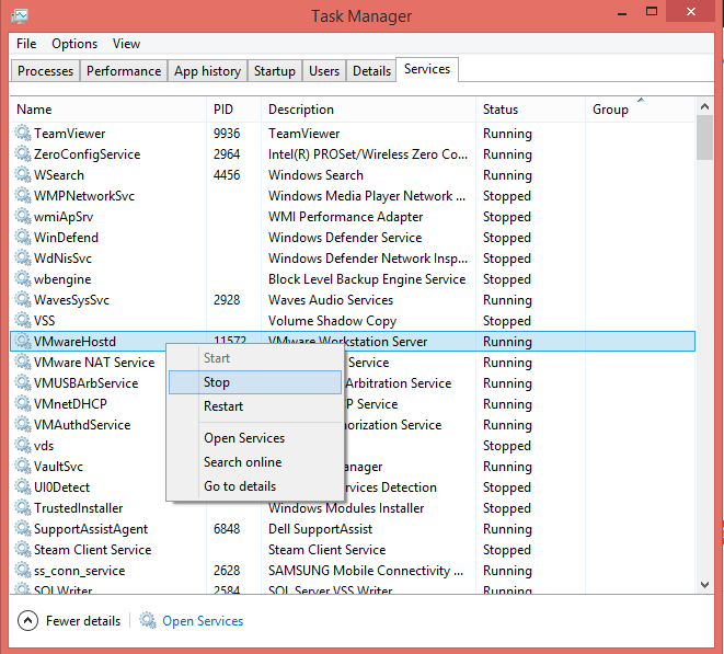 stop VMware service