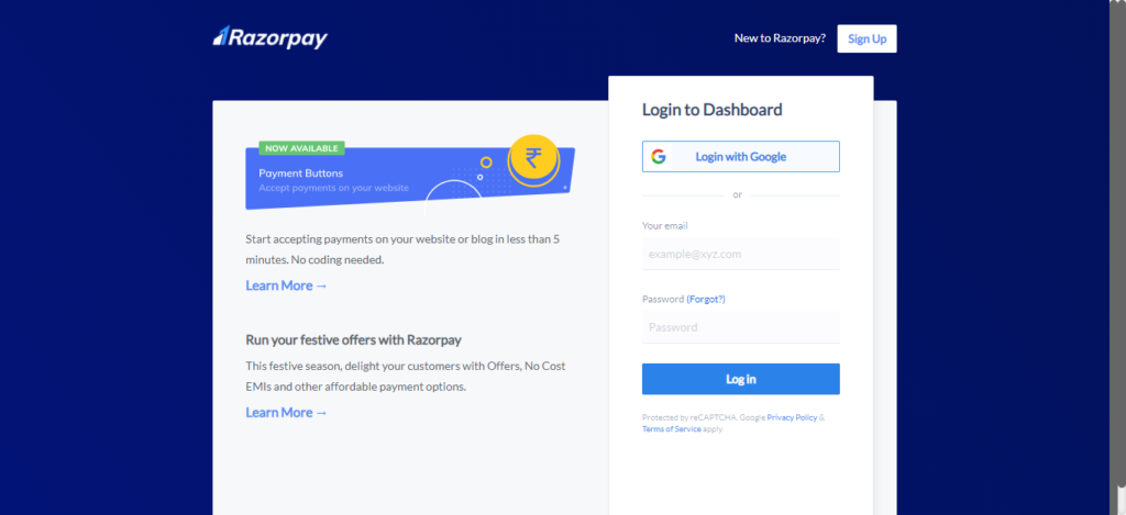 razorpay login page