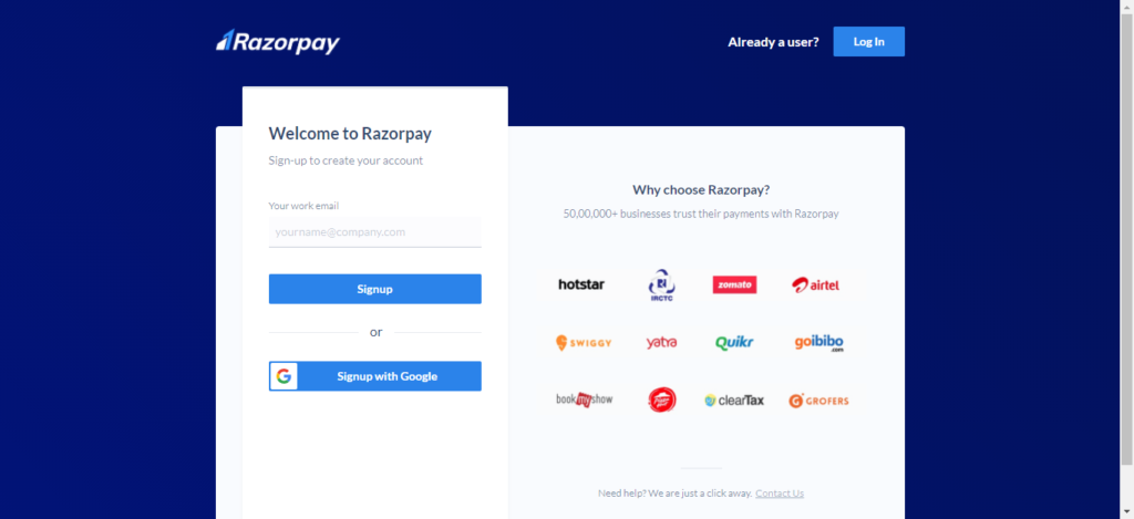 razorpay signup page