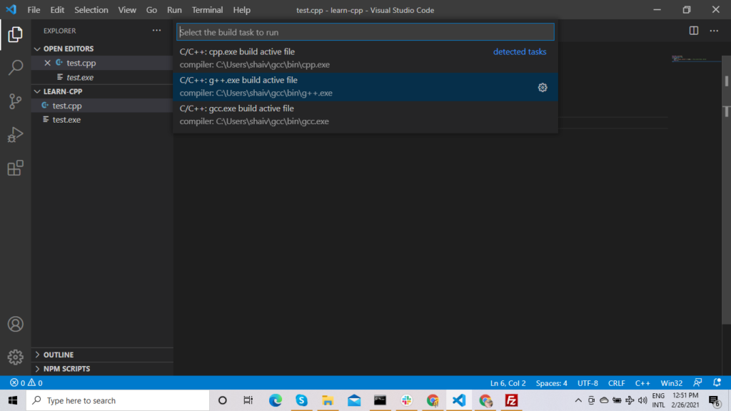 choose gcc in visual studio code