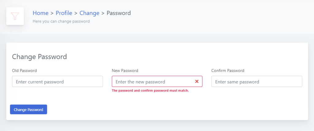 change password when new password not match