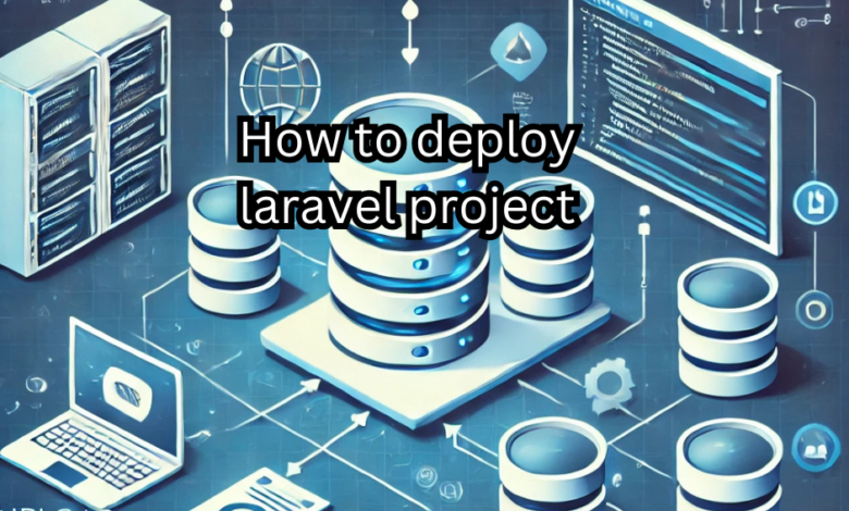 Illustration showing the step-by-step process of deploying a Laravel project, including server setup, hosting, file uploads, and configurations.