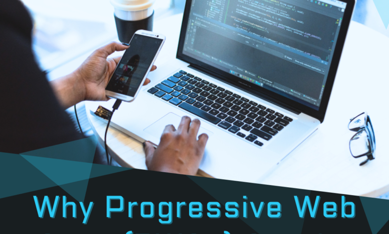 "A person working on a laptop displaying code while holding a smartphone, illustrating the concept of Progressive Web Apps (PWAs) with app-like functionality and cross-platform compatibility."