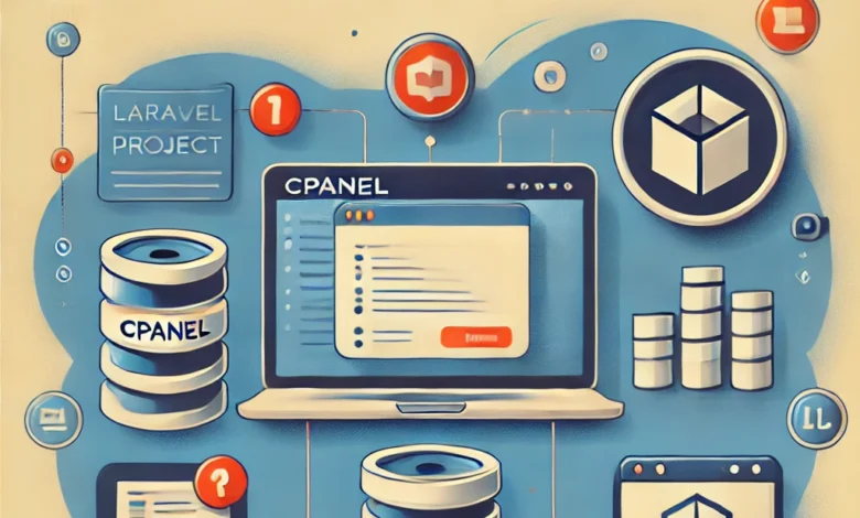 "Illustration showing a guide for deploying a Laravel project on cPanel, featuring cPanel interface icons, a Laravel logo, and clear title text in bold typography."