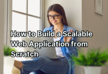 Scalable web application architecture diagram with cloud hosting and microservices.